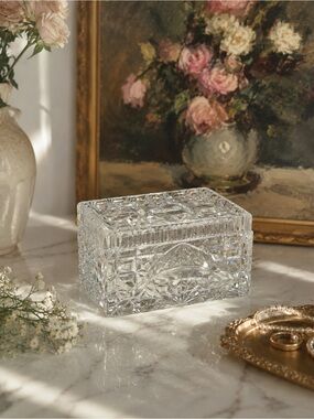 Vintage Pressed Cut Glass Vanity Trinket Jewelry Box with Lid